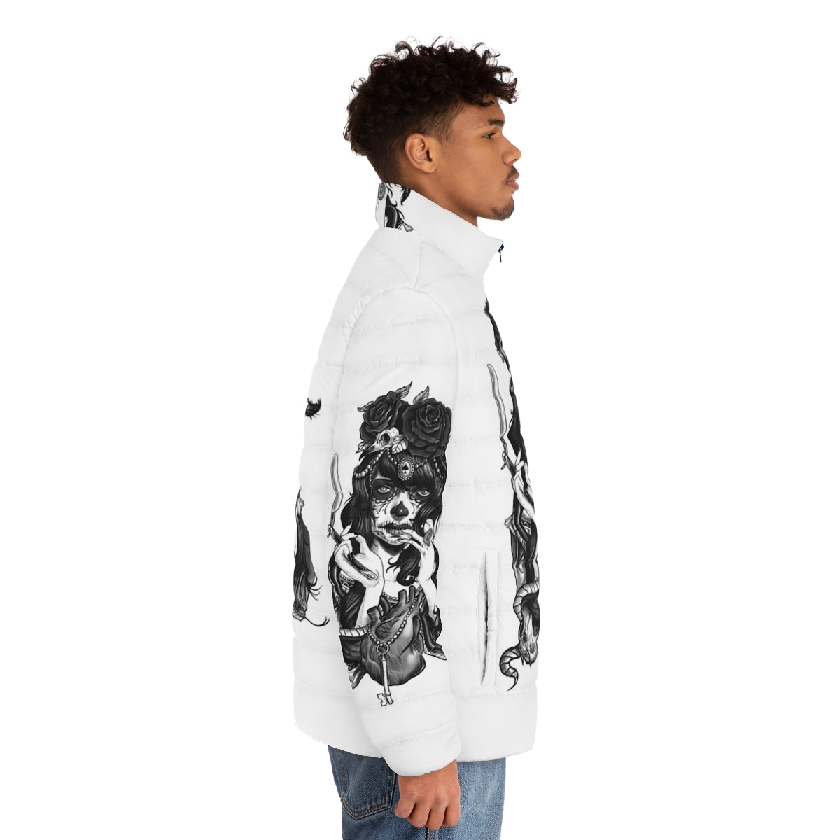 Dia De Los Muertos inspired sugar skull puffer jacket featuring traditional Mexican design elements - men side right