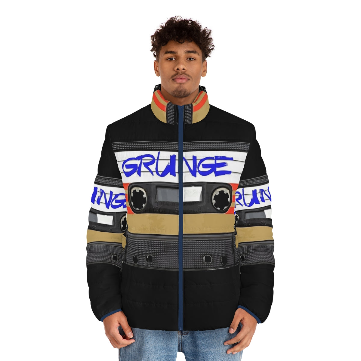 Grunge music puffer jacket with vintage retro classic alternative rock band design - men front