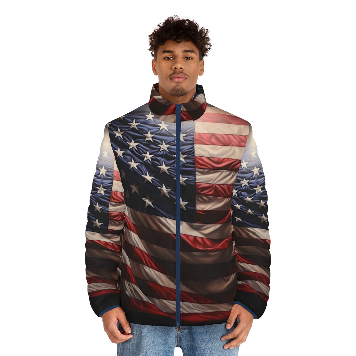 Patriotic American flag digital print puffer jacket - men front