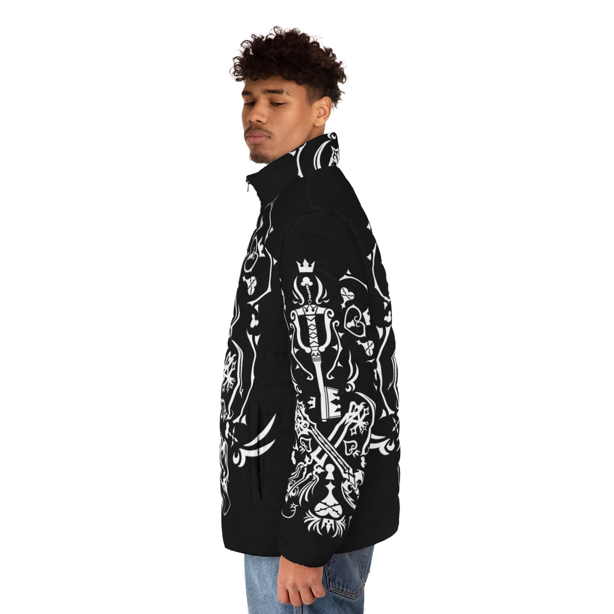 Kingdom Hearts inspired black puffer jacket with gaming and anime design - men side left