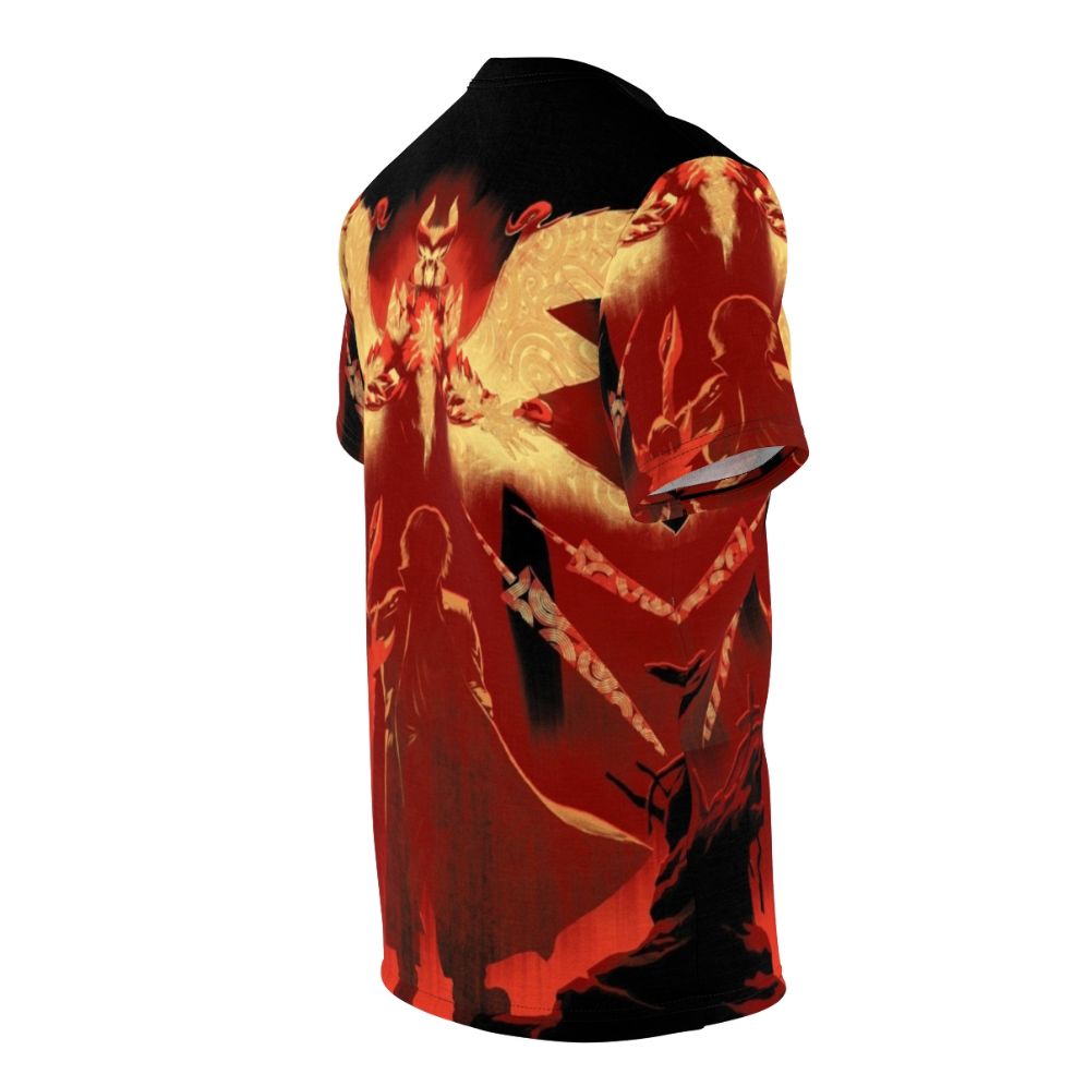 A stylish red t-shirt featuring a devil hunter character with a fire sword - men right