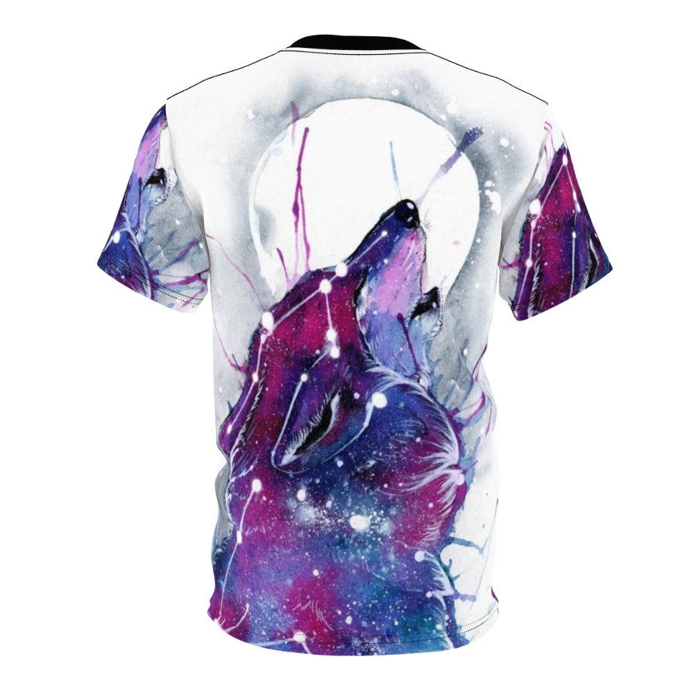 A t-shirt featuring a vibrant galaxy wolf design against a starry space background - Back