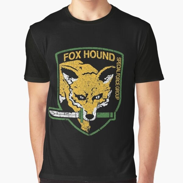 Metal Gear Solid Foxhound Graphic T-Shirt featuring the iconic Foxhound logo and characters from the video game series