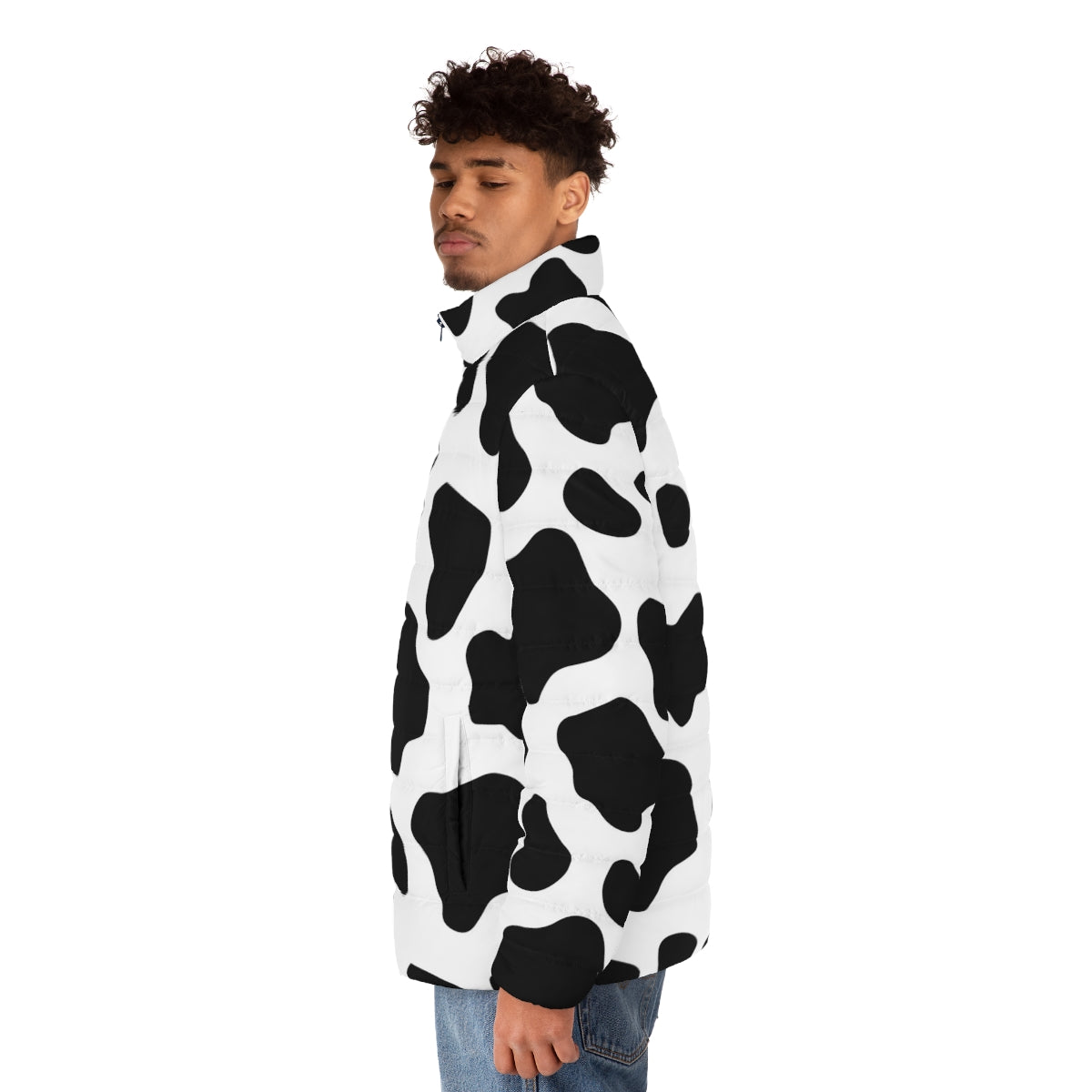 Cow spots pattern puffer jacket with black and white cow print design - men side left