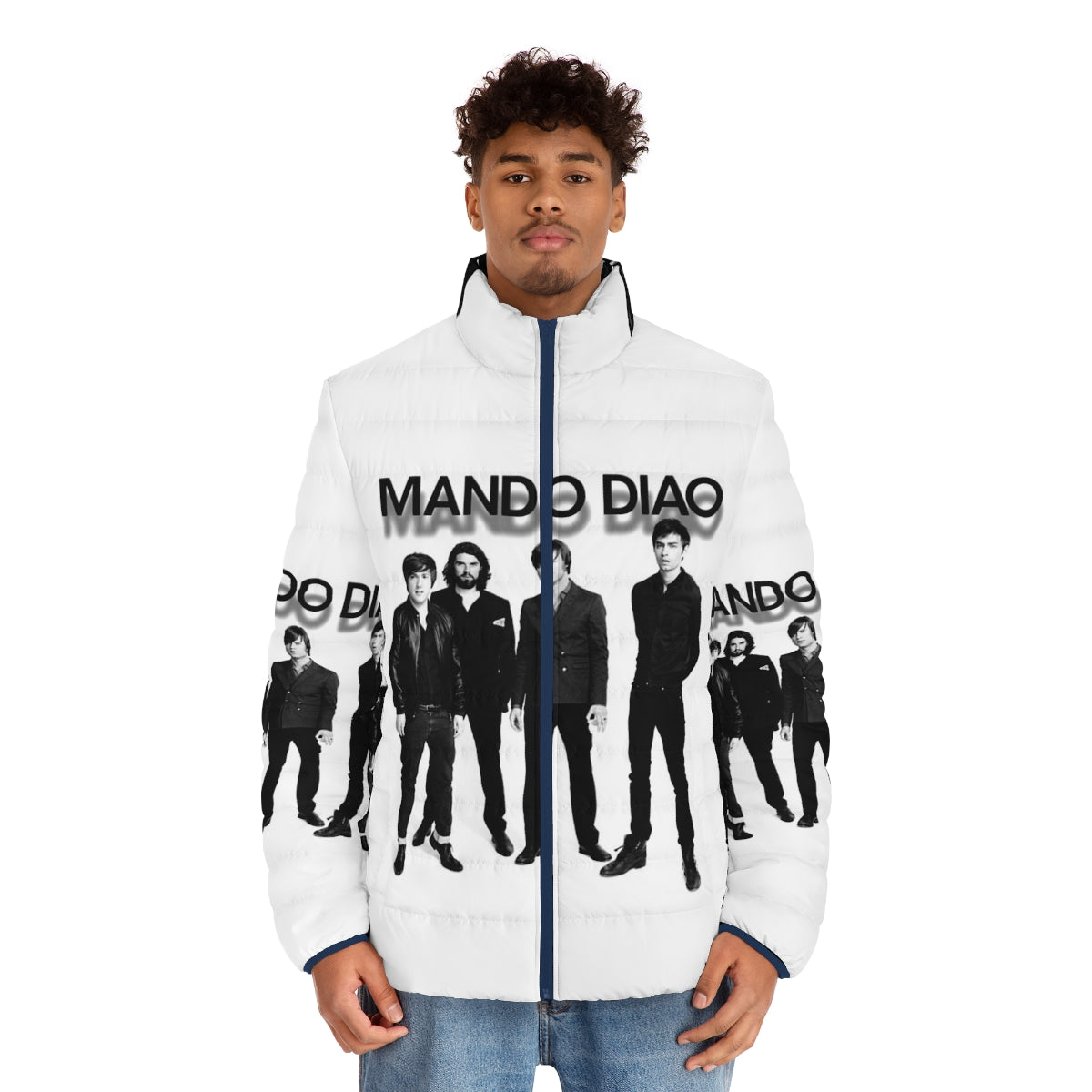 Mando Diao punk rock puffer jacket with band logo and comic book graphics - men front