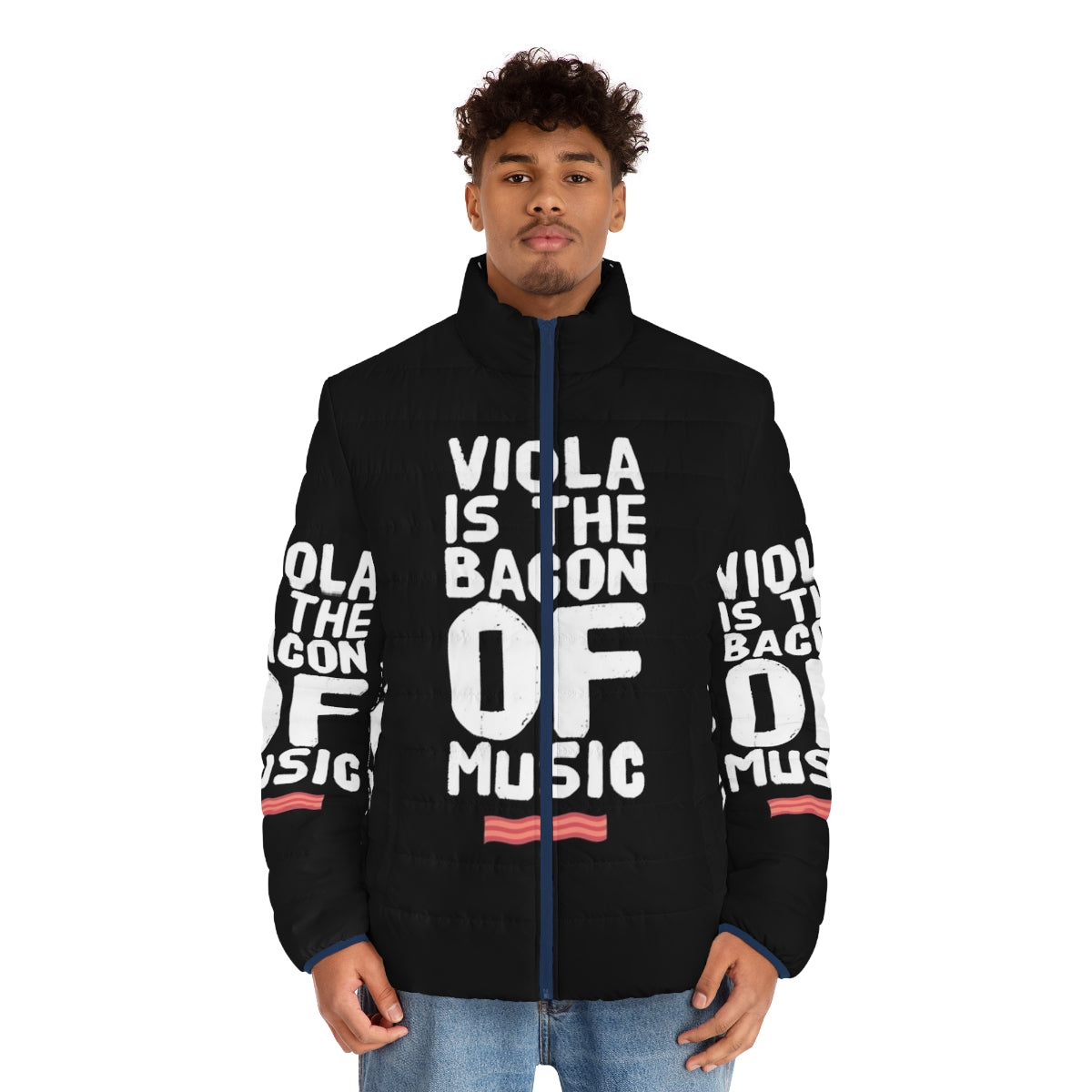 Funny Viola Player Puffer Jacket with "Viola is the Bacon of Music" quote - men front