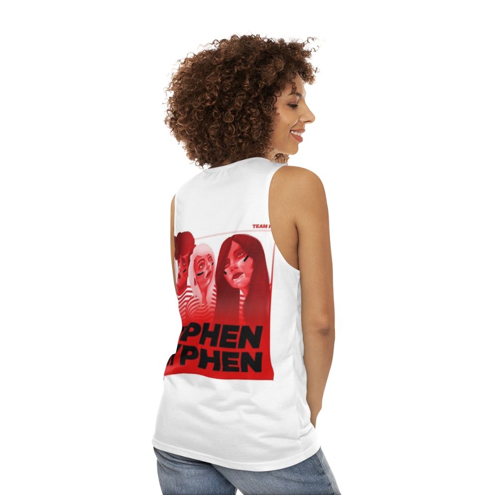 Unisex music tank top featuring Hyphen Hyphen band illustration - women back