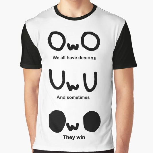 "We All Have Demons" graphic t-shirt with owo text and furry design