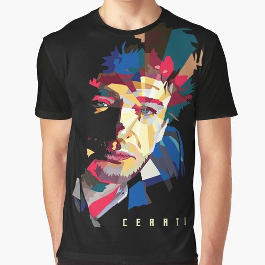 Gustavo Cerati low poly graphic t-shirt design featuring the Argentine musician and his iconic Soda Stereo band