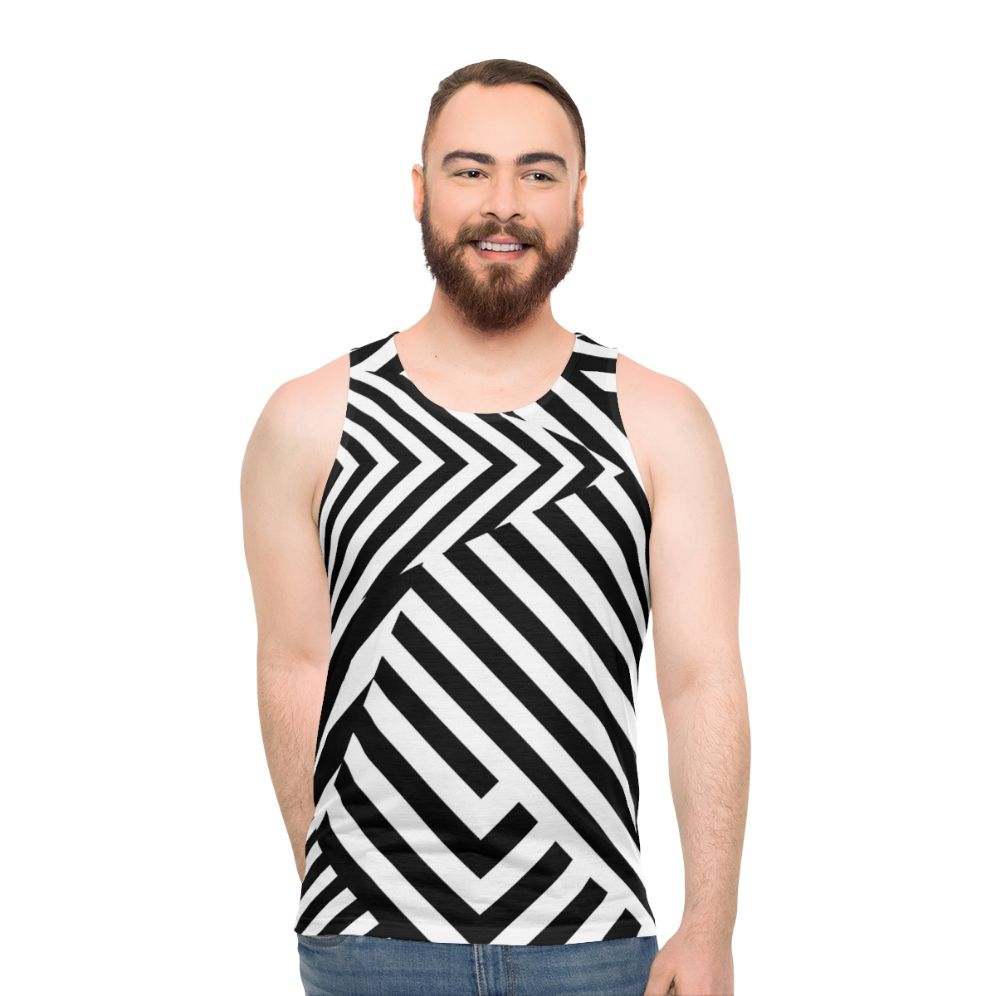 Monochrome graphic unisex tank top with optical illusion camouflage design - men