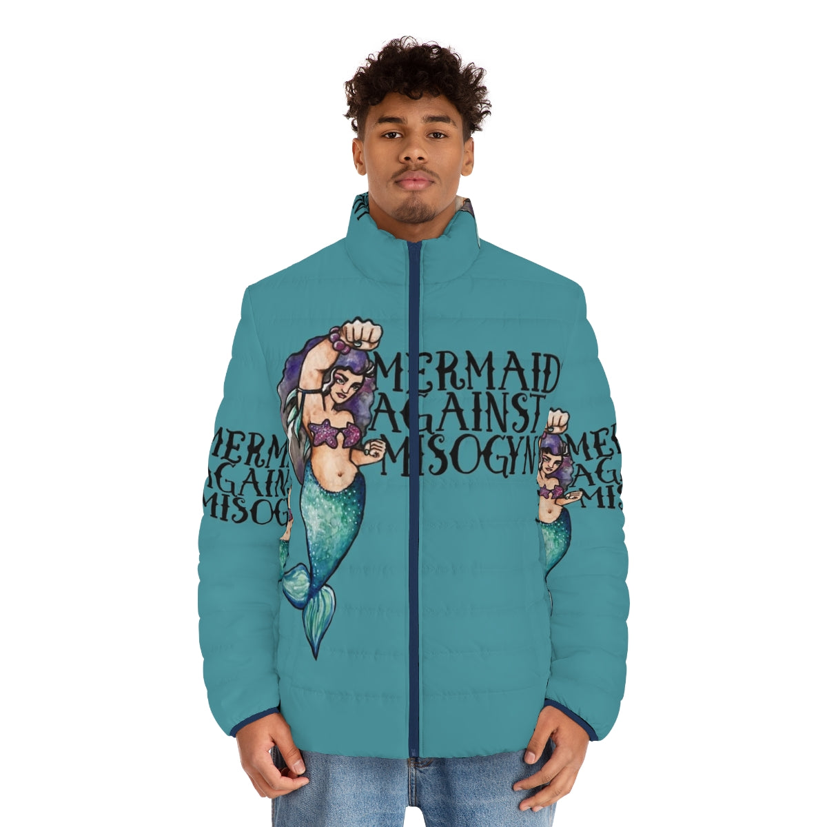 Mermaid themed feminist puffer jacket with a message of female empowerment - men front