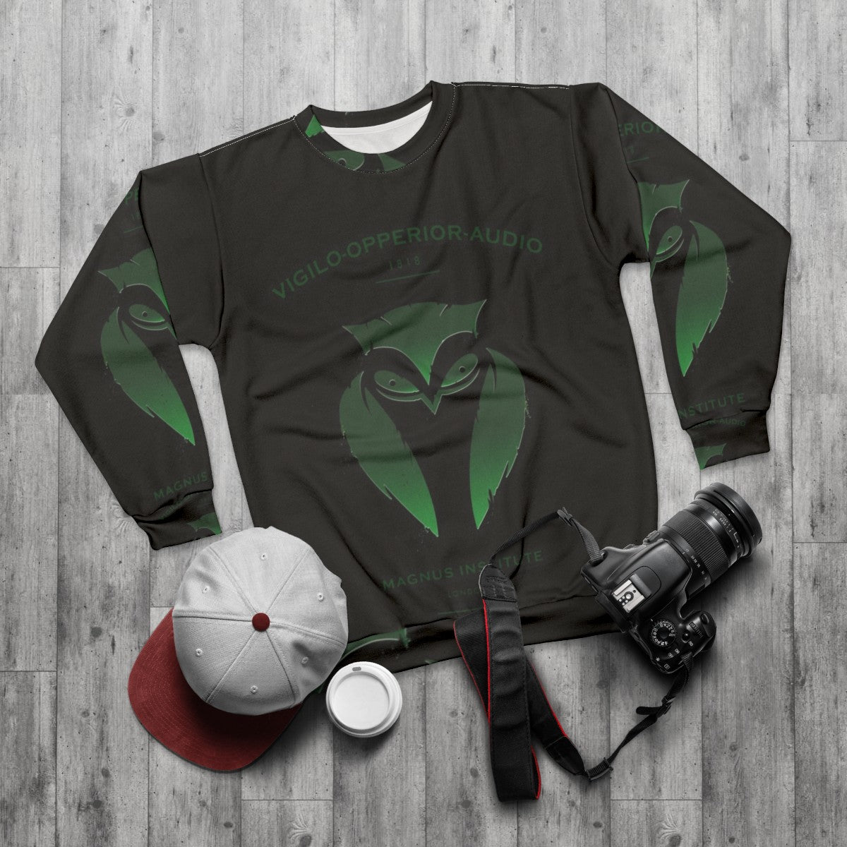 Vigilo Operior Audio Sweatshirt with Dark Owl Emblem - flat lay