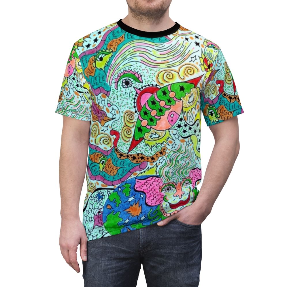 Psychedelic abstract art t-shirt with celestial, cosmic design - men front