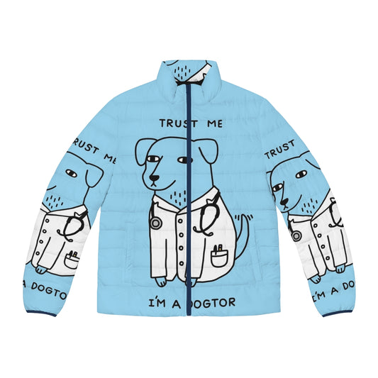 Dogtor Puffer Jacket featuring a dog wearing a stethoscope and medical attire