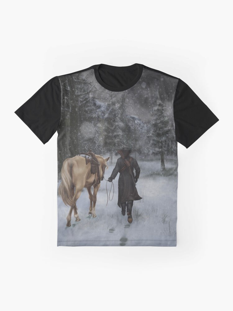 A graphic t-shirt featuring the iconic Red Dead Redemption game imagery, including a horse, outlaw, and western landscape. - Flat lay