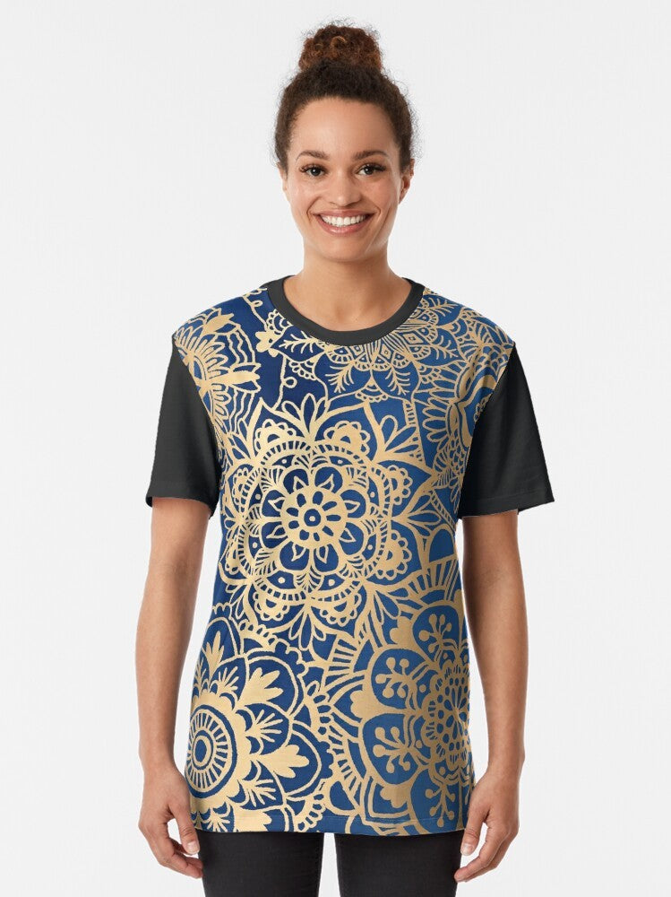 Blue and gold mandala pattern graphic t-shirt - Women