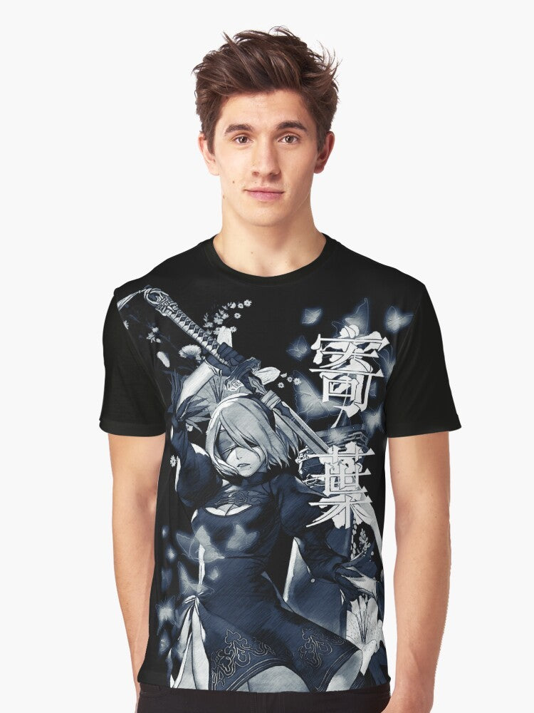 A fantasy-inspired graphic t-shirt featuring the Nier Automata character 2B in a floral and dark design. - Men