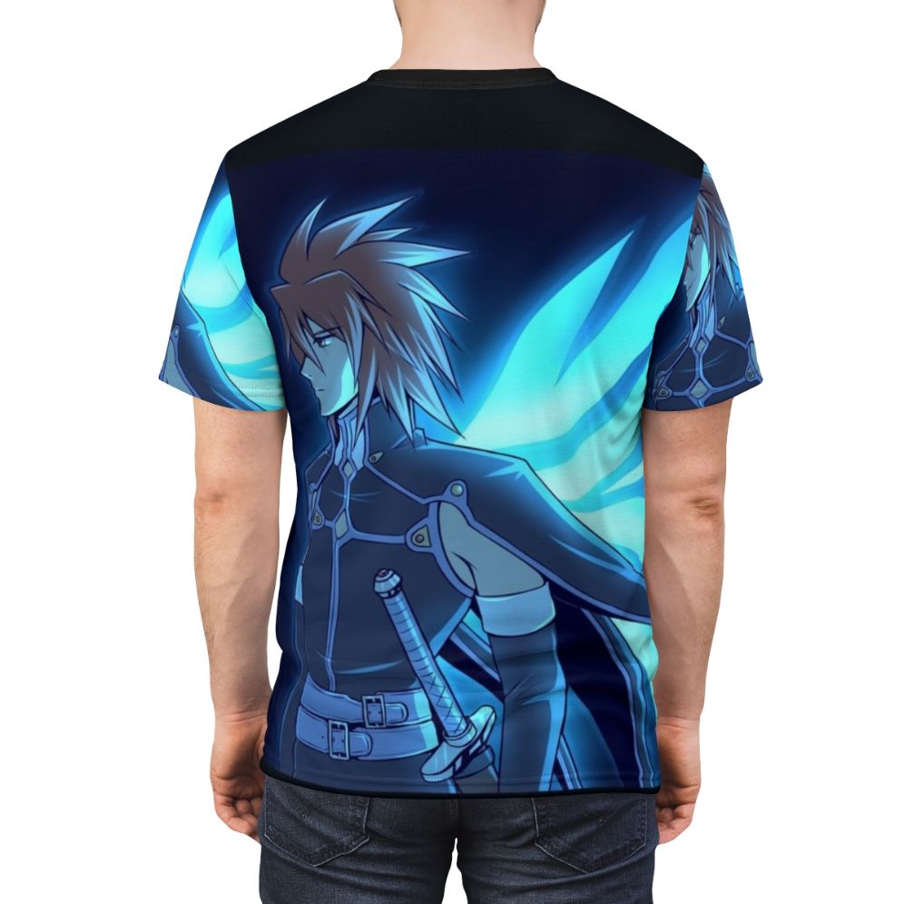 Anime-inspired Tales of Symphonia Kratos Aurion character design printed on a t-shirt - men back