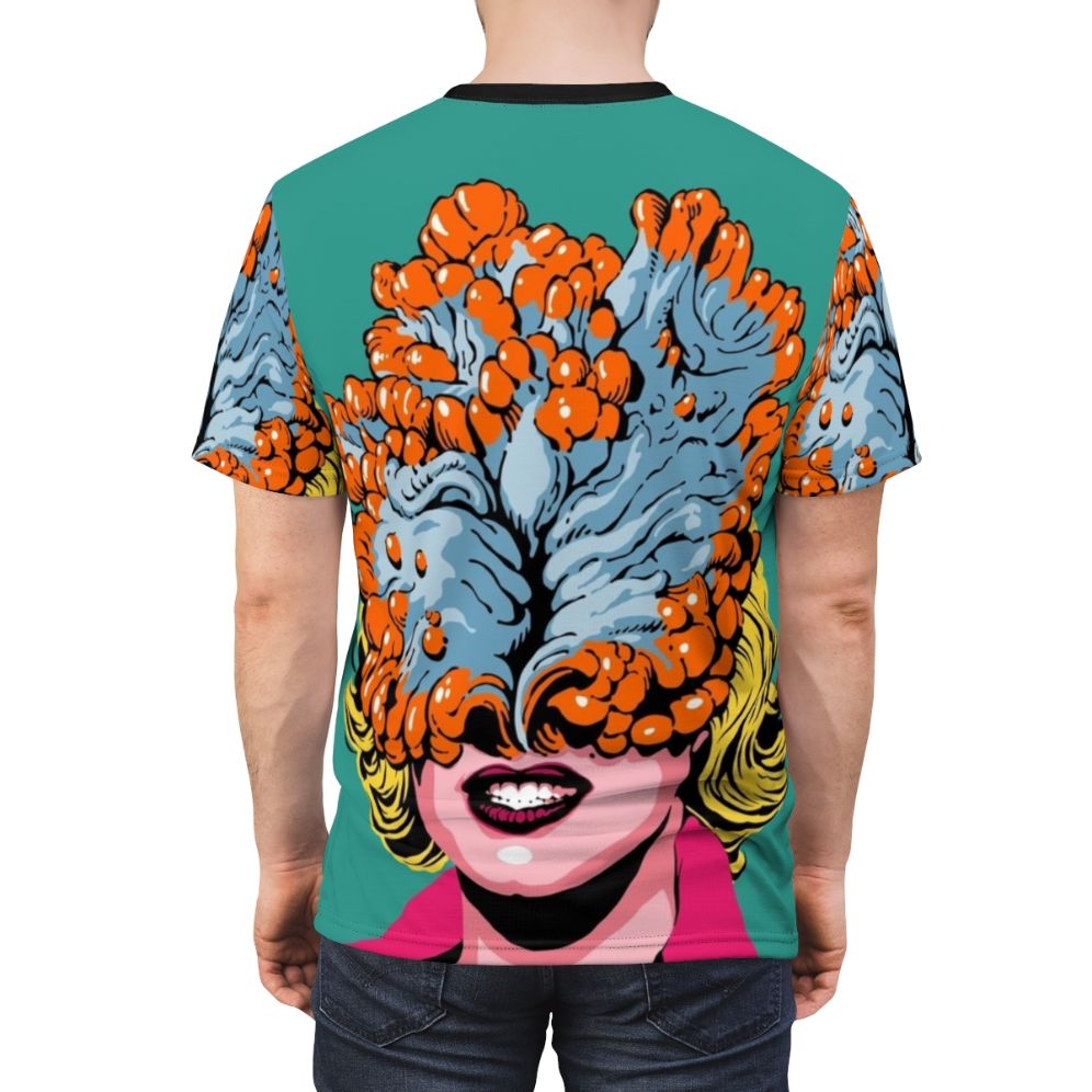 Pop art inspired t-shirt featuring a detailed fungal design, perfect for fans of horror, zombie, and fungi art - men back