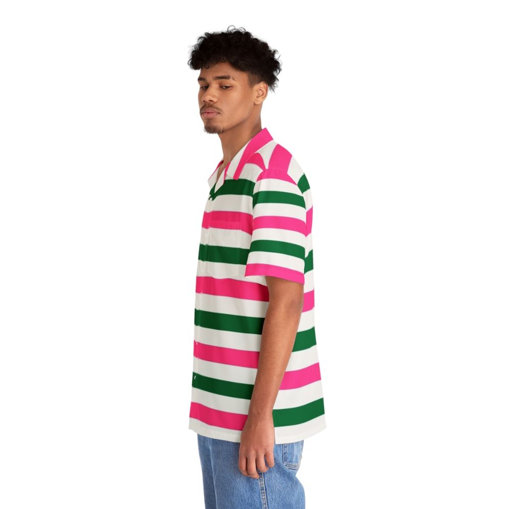 Retro deckchair stripes Hawaiian shirt in forest green and pink - People Left