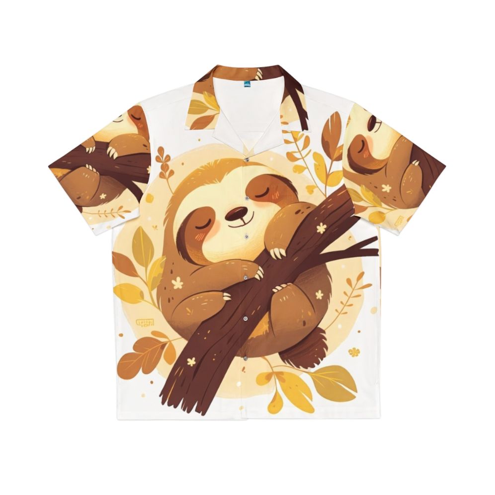 Cute cartoon sloth relaxing on tree branch wearing Hawaiian shirt