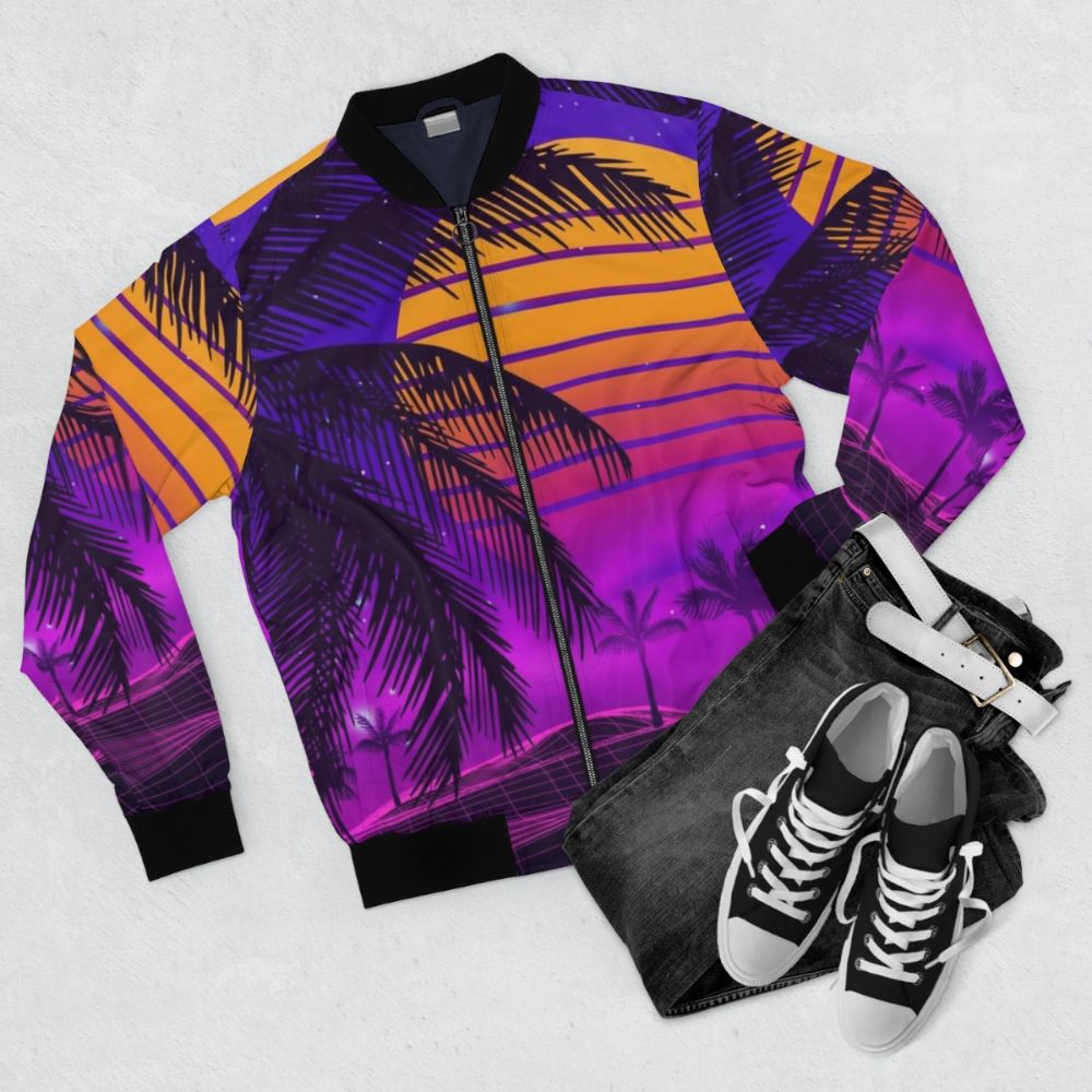 80s synthwave bomber jacket with retro futuristic sunset aesthetic design - Flat lay