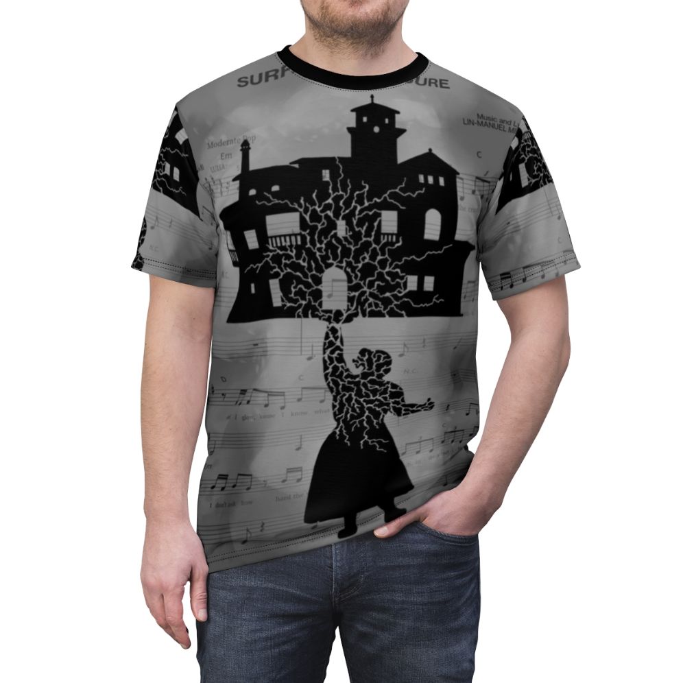 Encanto-inspired t-shirt design featuring sheet music and "Surface Pressure" lyrics - men front