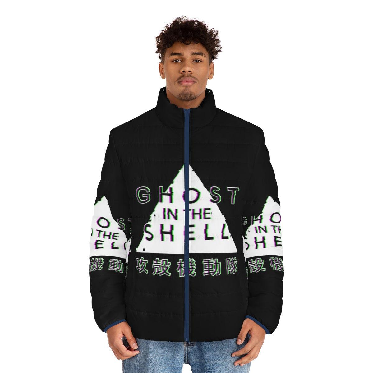 Ghost in the Shell cyberpunk glitch puffer jacket - men front