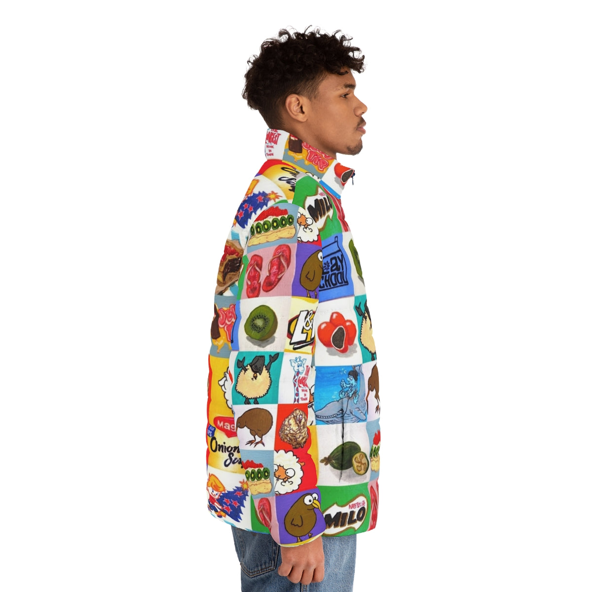 Kiwiana Puffer Jacket featuring a collage of New Zealand food and drink icons - men side right