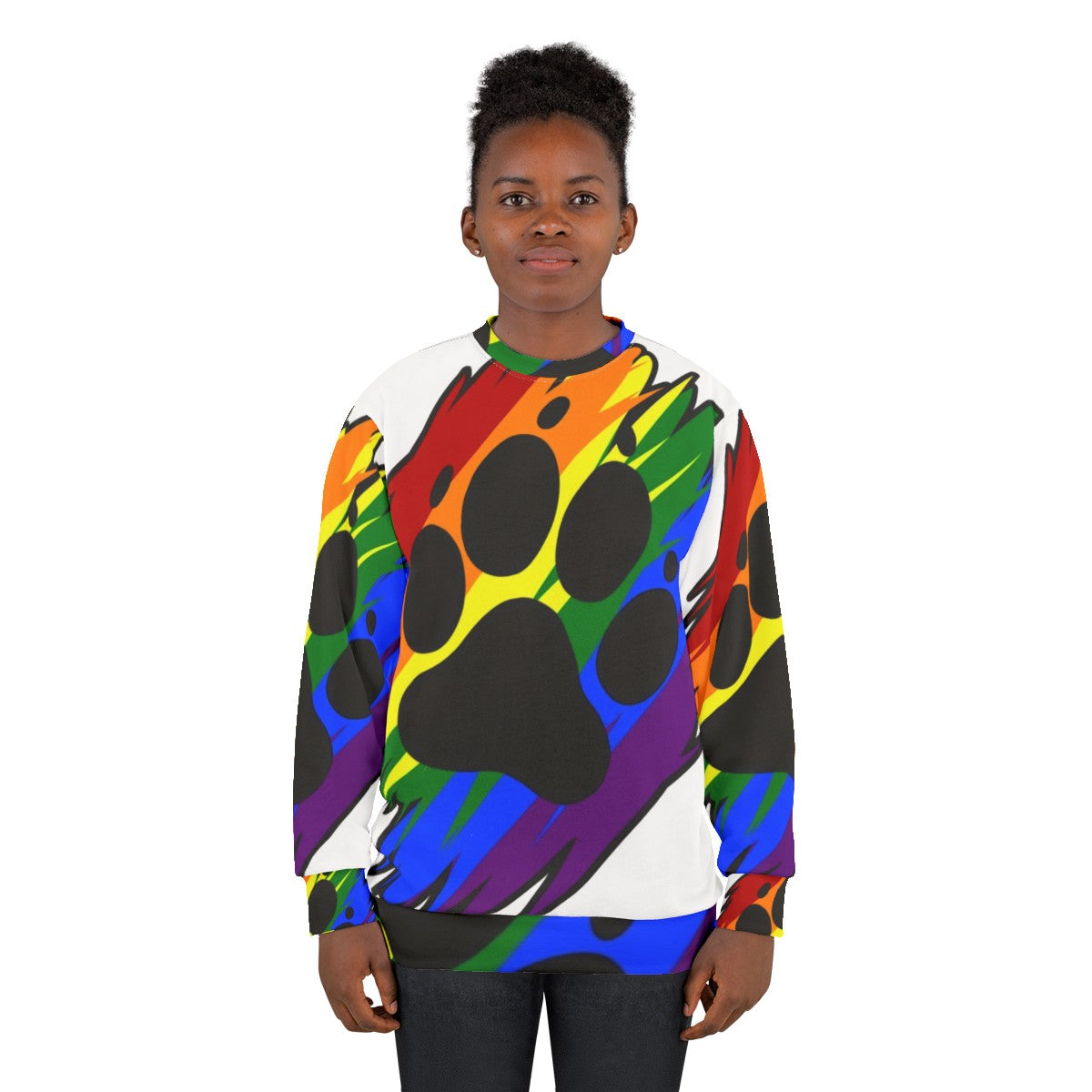 Vibrant rainbow paint splatter design on a comfortable sweatshirt - women