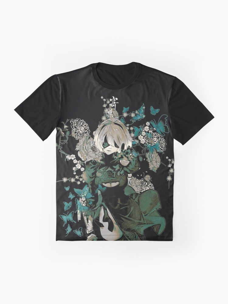 A graphic t-shirt design featuring butterflies and a fantasy garden, inspired by the Nier Automata video game series. - Flat lay