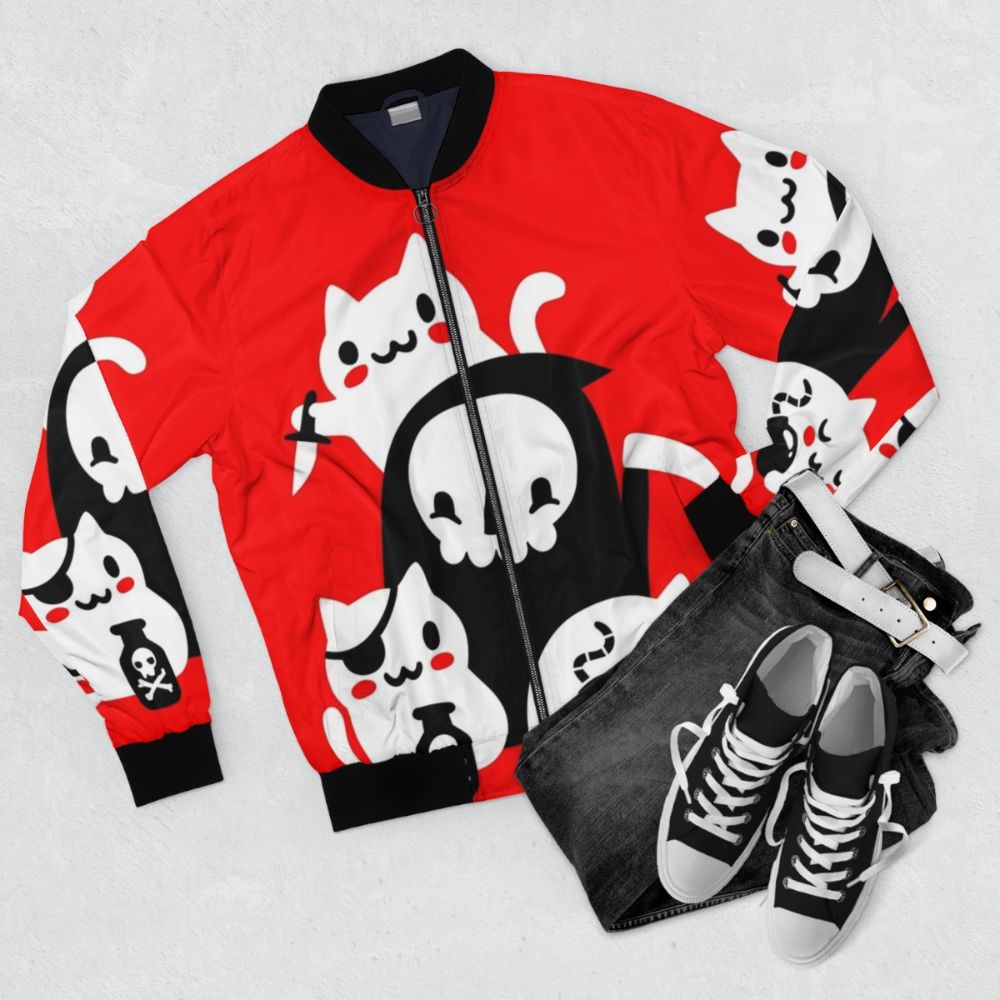 Death's Little Helpers Grim Reaper Bomber Jacket with cats, skulls, and a gothic design. - Flat lay