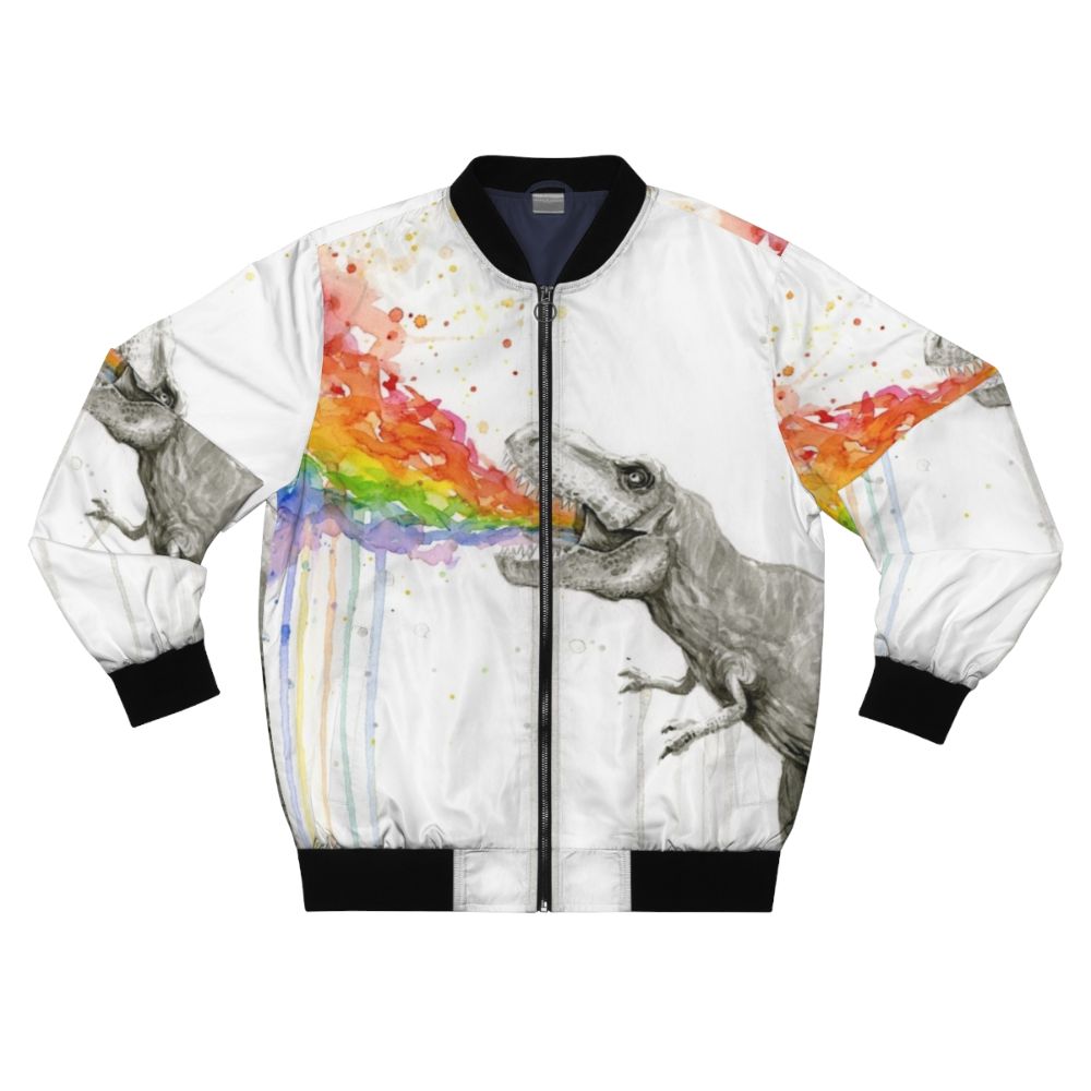 Whimsical t-rex dinosaur wearing a colorful rainbow watercolor bomber jacket