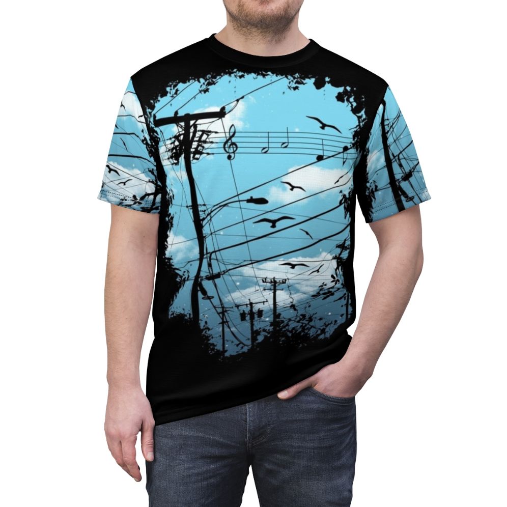 Captivating city music t-shirt featuring a design with birds, clouds, and stars against a black and blue background - men front