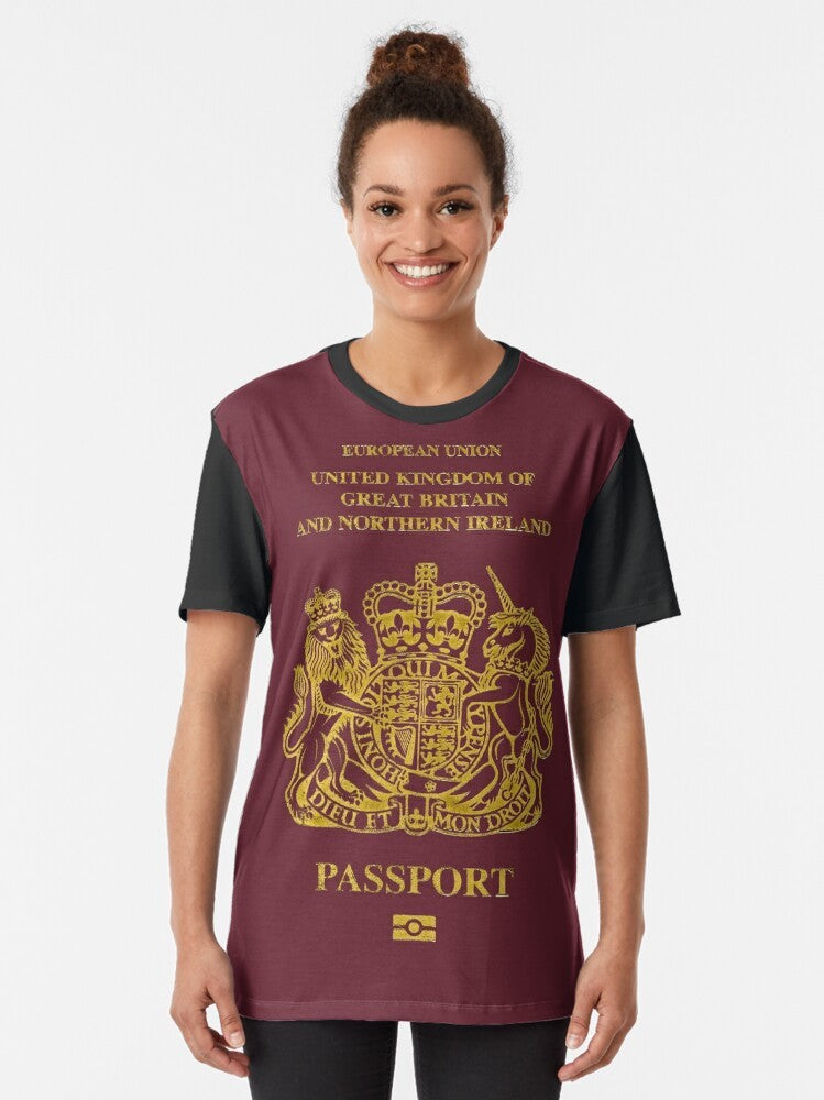 Passport Graphic T-Shirt with European Union and UK Flag Design - Women