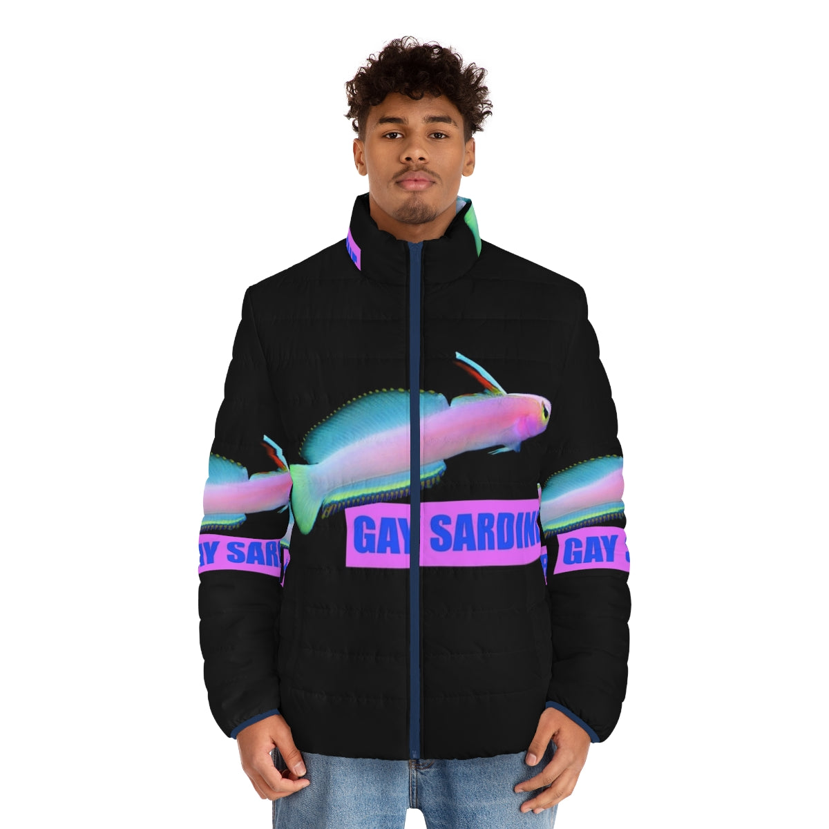 Colorful puffer jacket with a sardine graphic, representing LGBTQ+ pride and fashion - men front