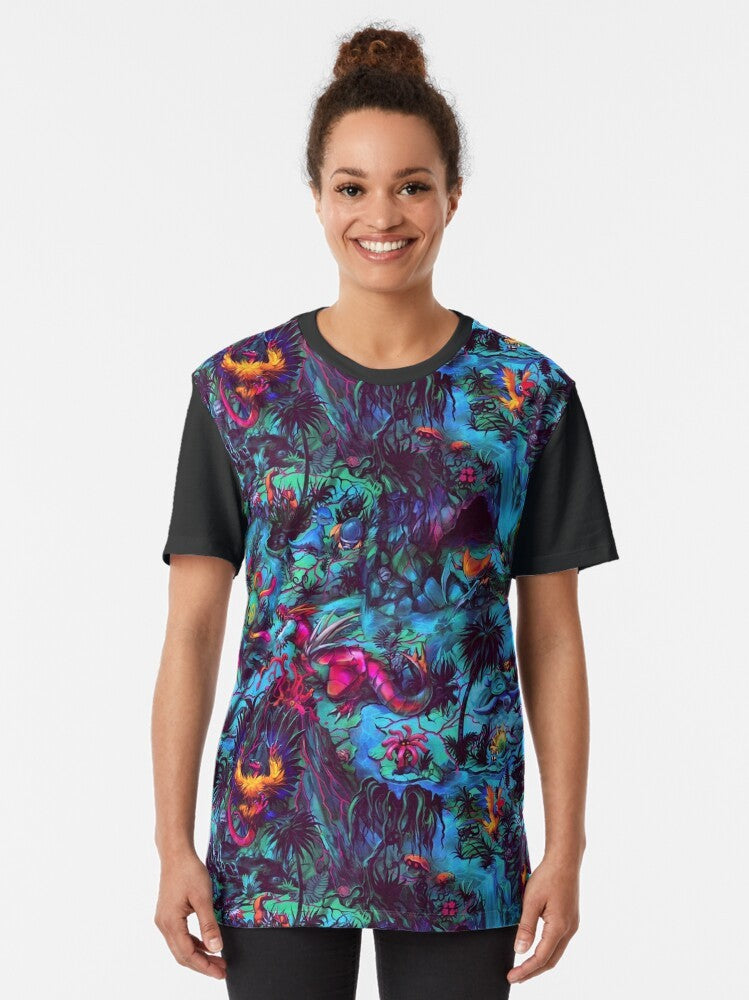 Paleo party dinosaur graphic t-shirt with a neon, psychedelic design - Women