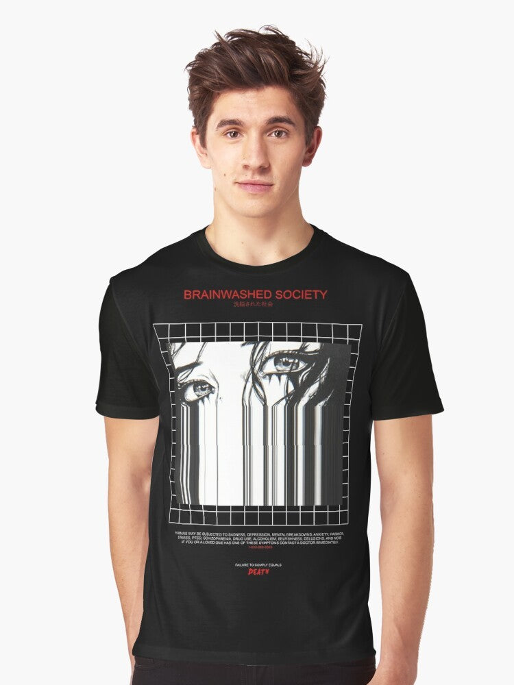 Brainwashed Society graphic t-shirt with glitch, anime, and vaporwave inspired design - Men