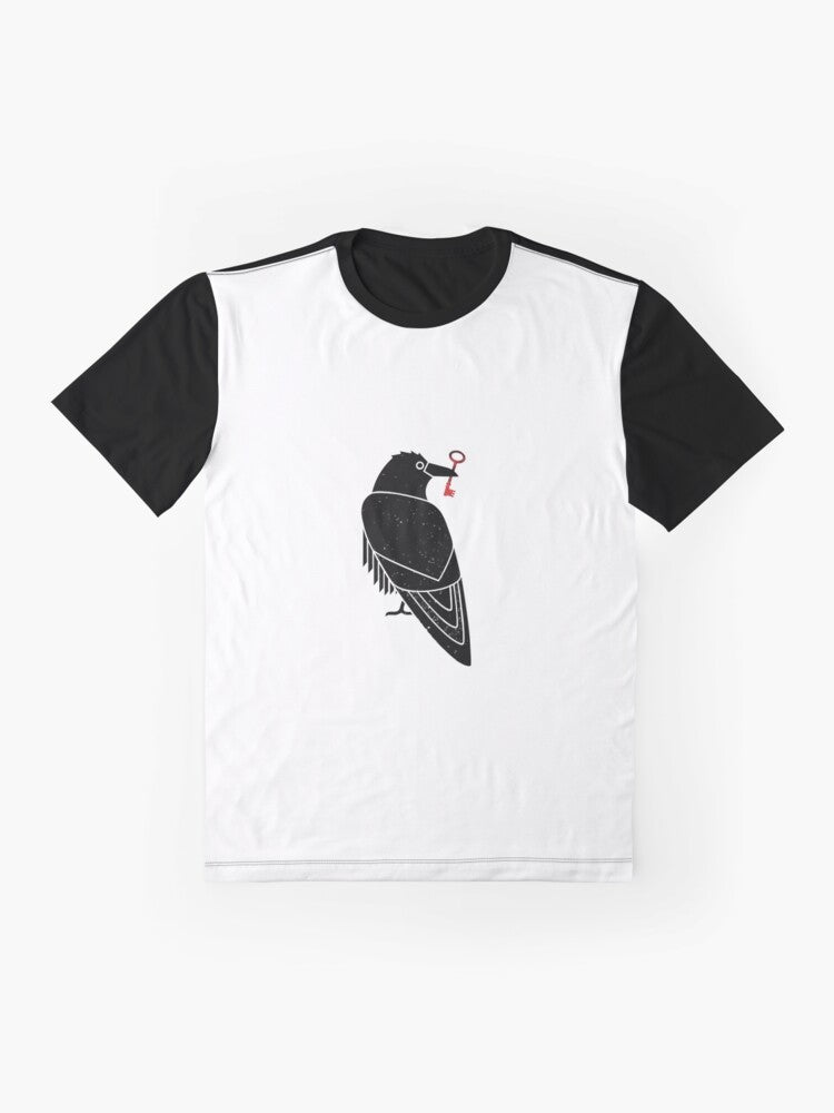 Sci-Hub Raven Graphic T-Shirt featuring a raven design for science lovers and geeks - Flat lay