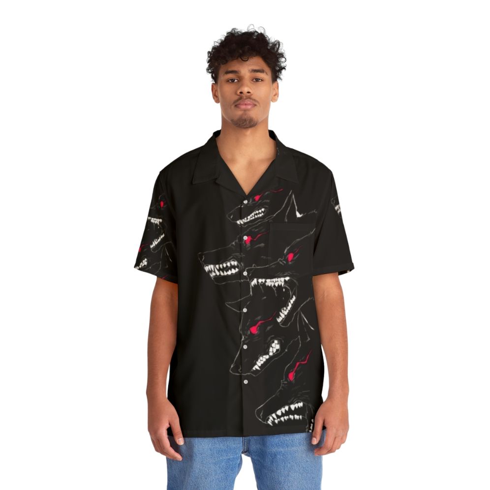 Black Hawaiian shirt featuring a fierce wolf pack design - People Front