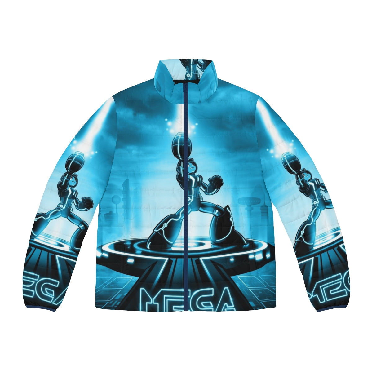 Mega Man x Tron Legacy Retro 80s Puffer Jacket with Iconic Video Game and Movie Characters