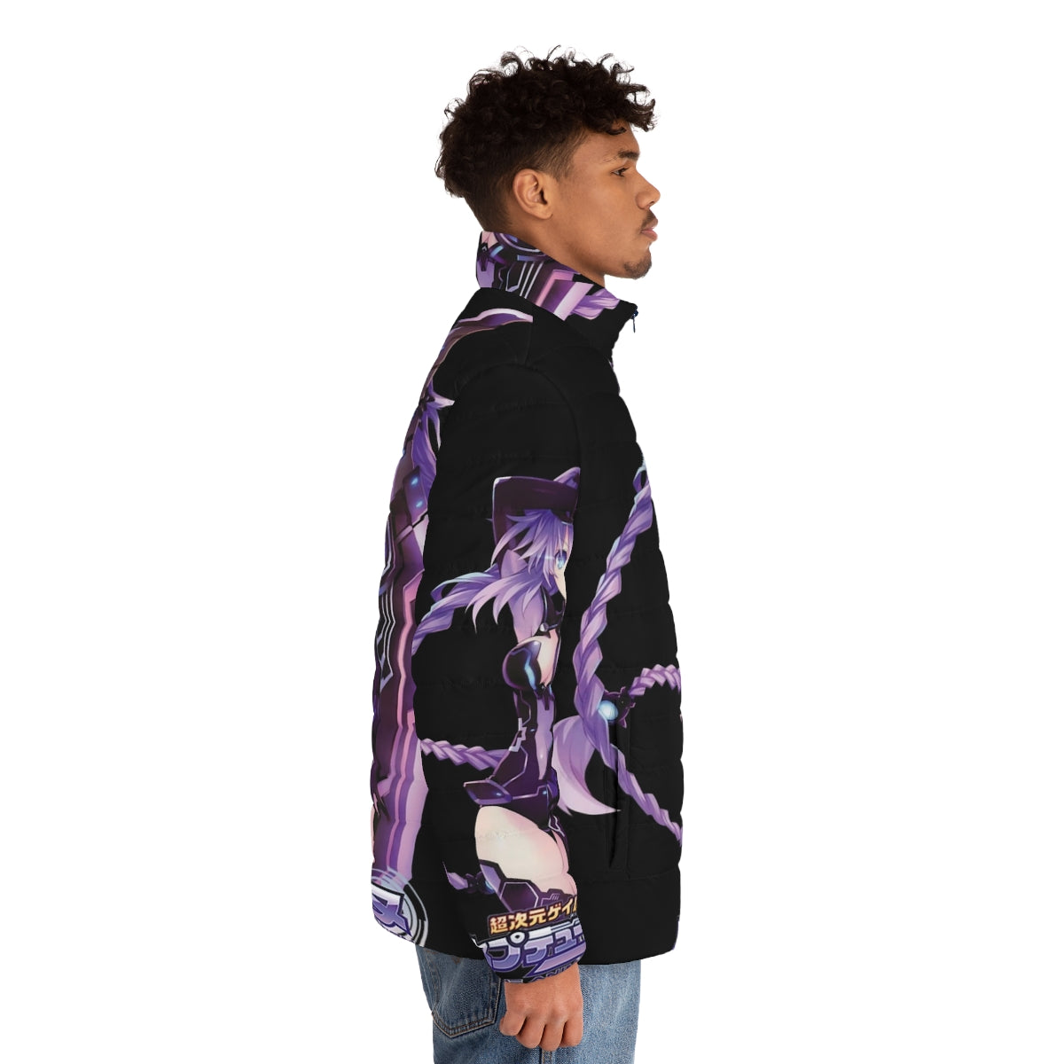 Purple Heart Puffer Jacket with Glowing Anime Sword and D-Pad Design - men side right