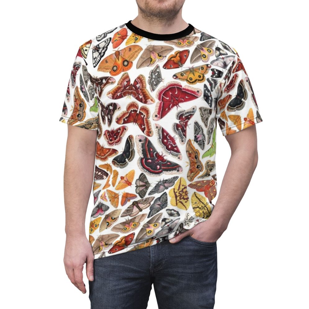 Saturniid moth pattern design on a t-shirt, featuring scientific illustration of moths native to North America. - men front