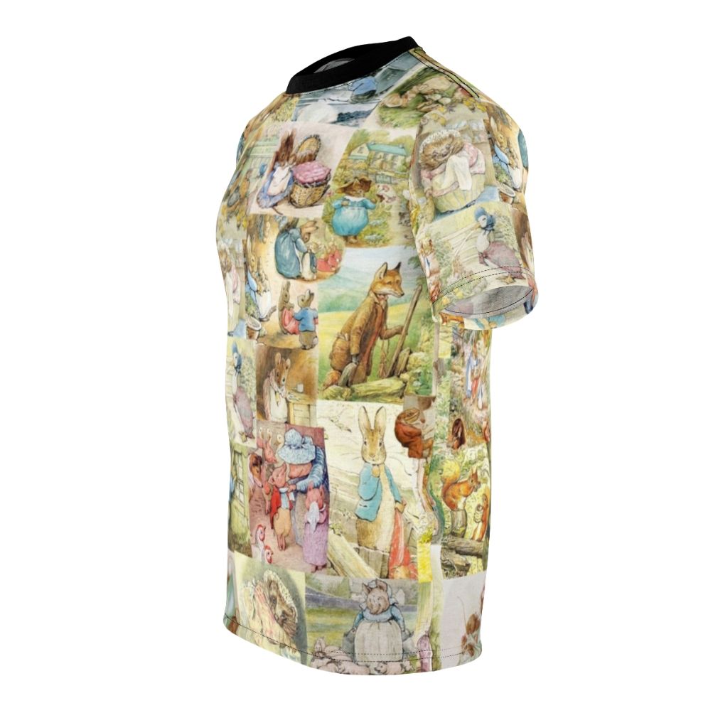 Collage T-shirt featuring a whimsical design inspired by the works of Beatrix Potter, including characters like Peter Rabbit and Jemima Puddle-Duck. - men left