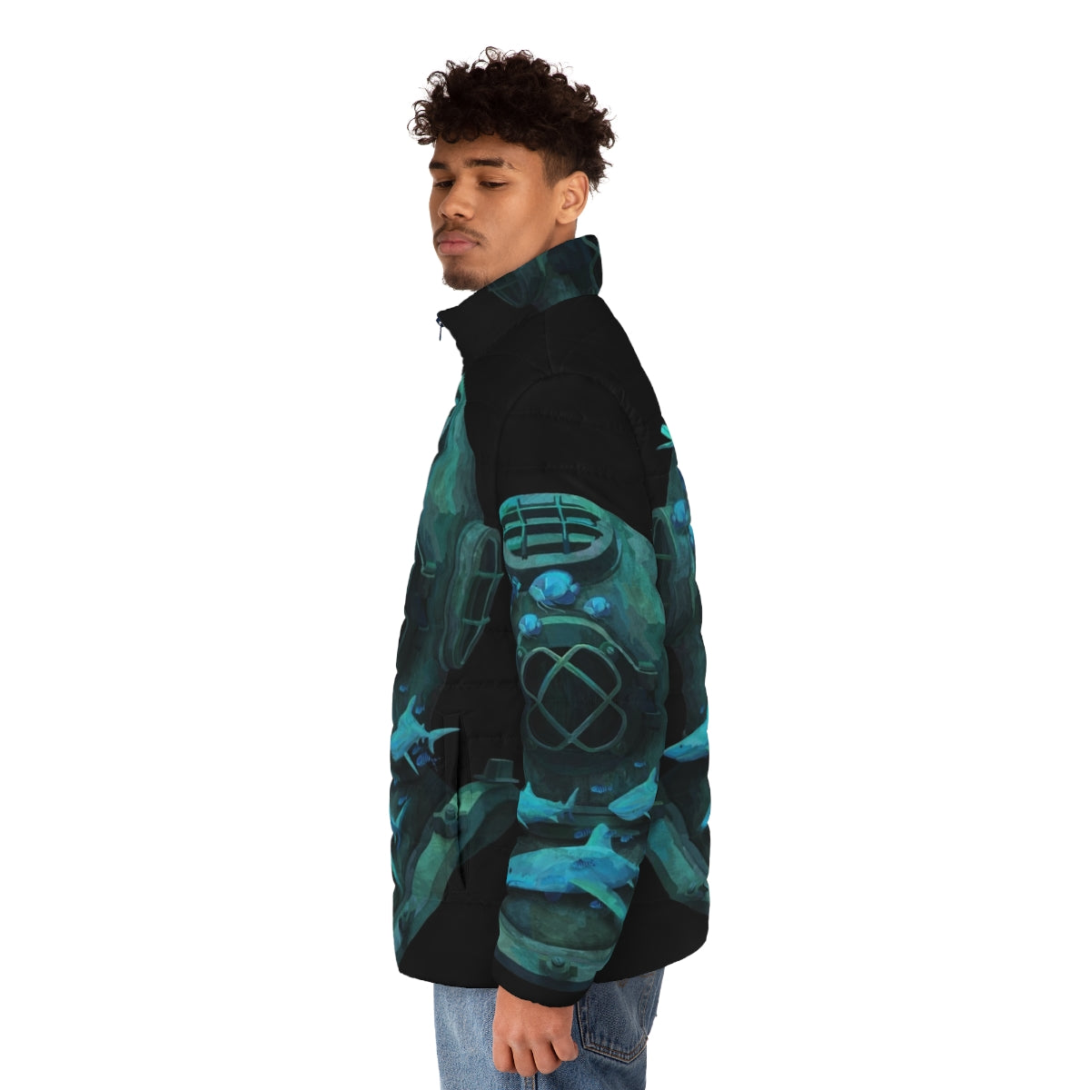 A whimsical puffer jacket featuring a deep diving design with marine life and underwater exploration - men side left