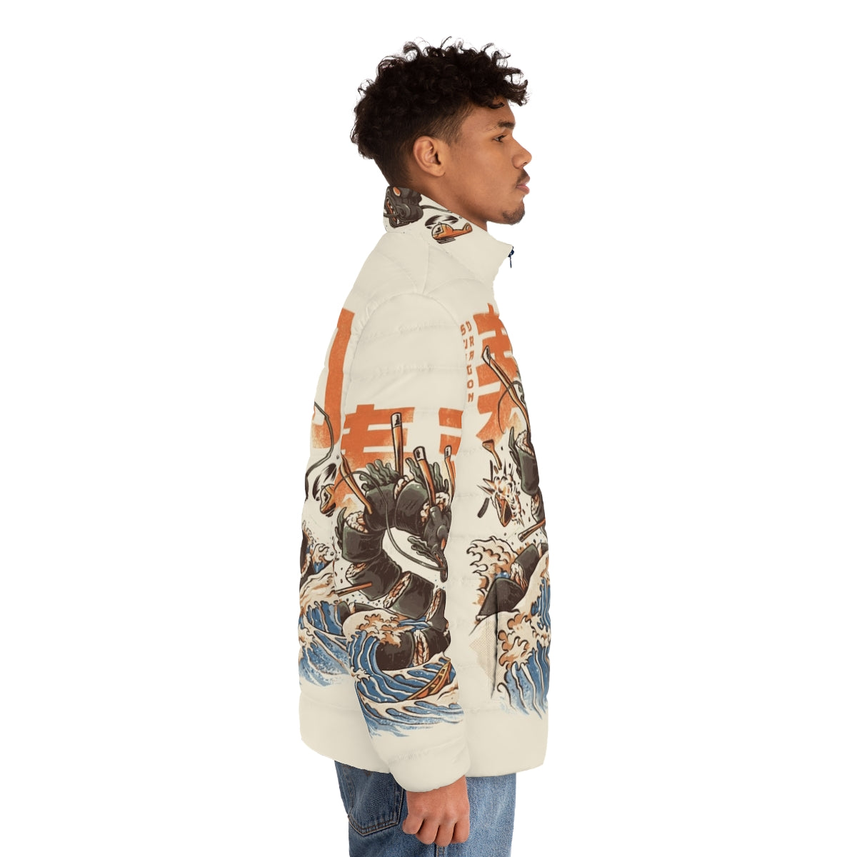 Vibrant puffer jacket featuring a fierce sushi dragon illustration in an anime-inspired, retro style - men side right