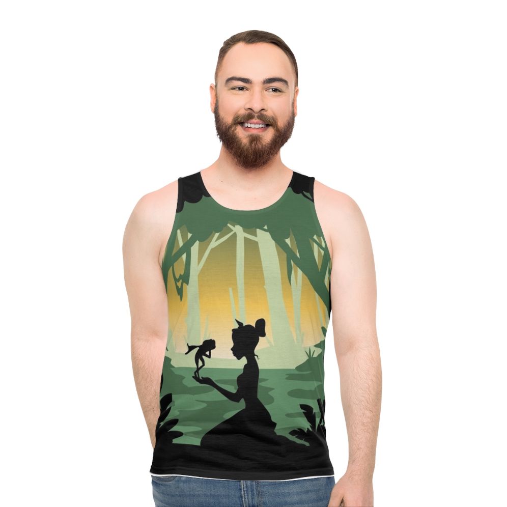 Minimal poster design of The Princess And The Frog movie on a unisex tank top - men