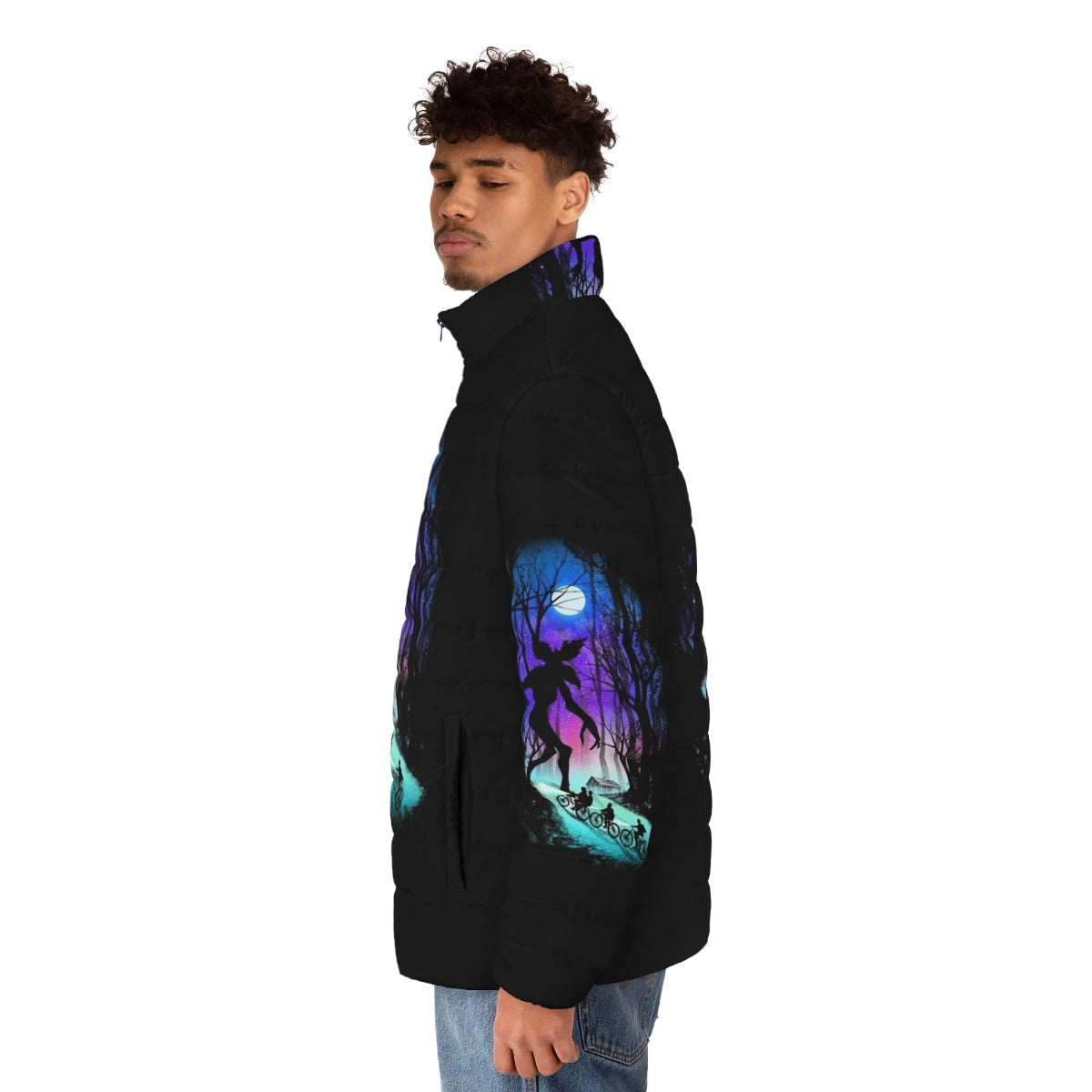 Stranger Things Retro 80s Puffer Jacket with Demogorgon Design - men side left