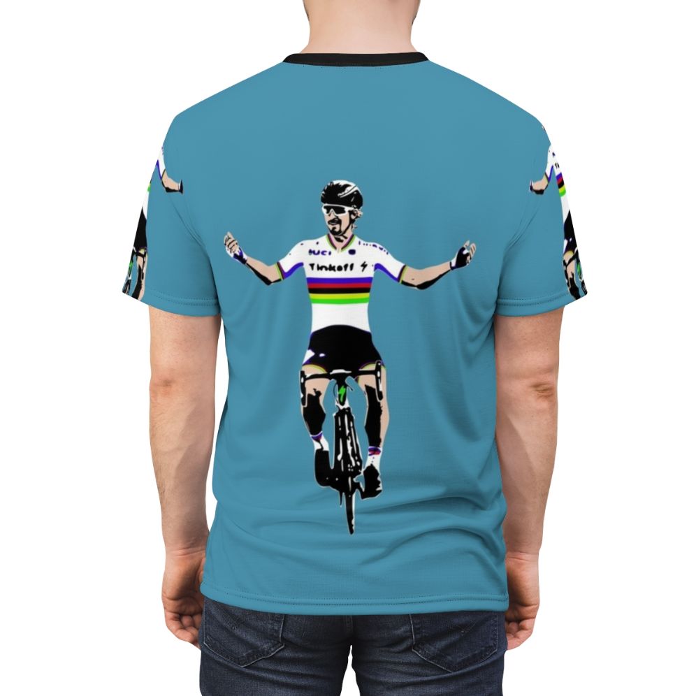 Cycling enthusiast wearing a Peter Sagan-inspired t-shirt - men back