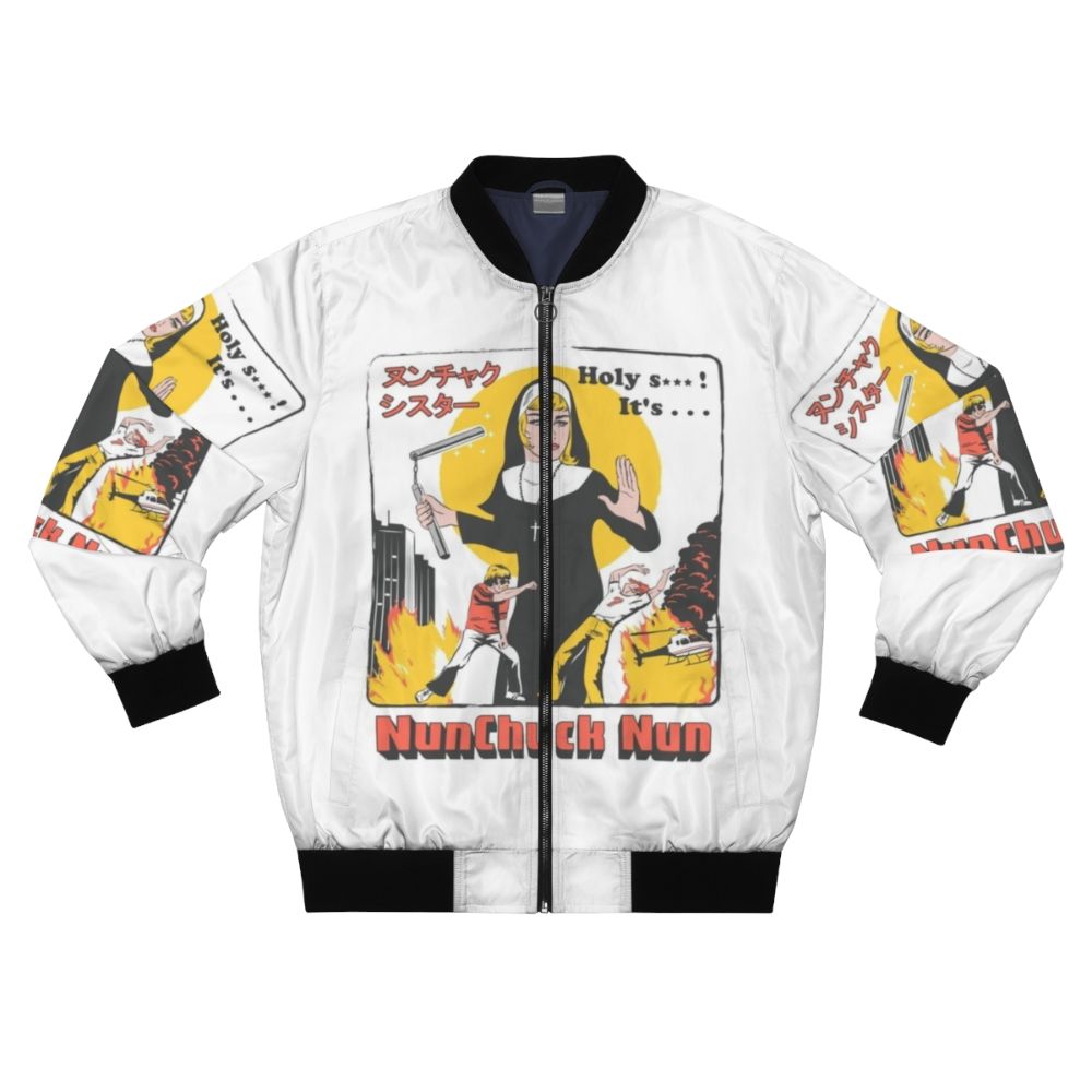 A colorful bomber jacket featuring a "Nunchuck Nun" design, a humorous pop culture parody.